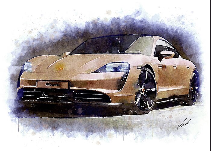 Watercolor Greeting Card featuring the painting Watercolor Porsche Taycan - oryginal artwork by Vart. by Vart Studio