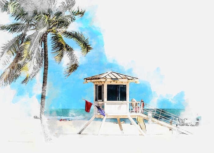 Lifeguard Tower Greeting Card featuring the digital art Watercolor sketch of lifeguard tower in Fort Lauderdale USA by Maria Kray