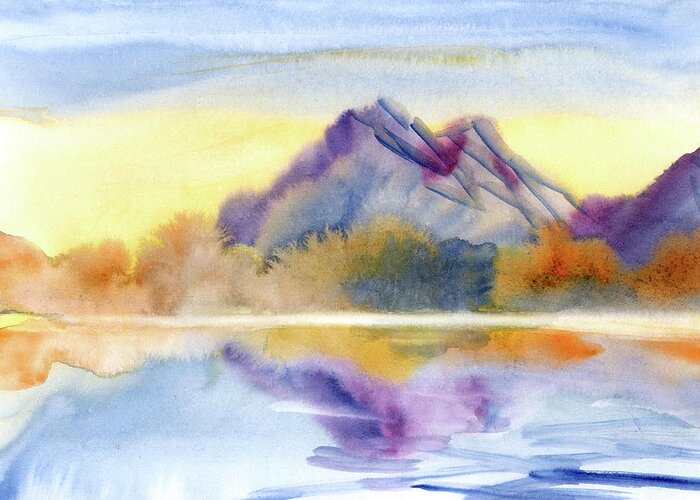 Watercolor Greeting Card featuring the digital art Watercolor Sunrise Mountain Scenery View Painting by Sambel Pedes
