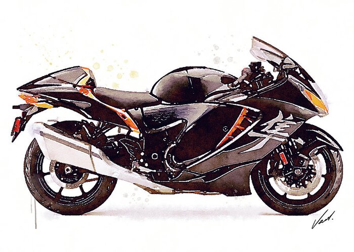 Sport Greeting Card featuring the painting Watercolor Suzuki Hayabusa GSX 1300R motorcycle - oryginal artwork by Vart. by Vart Studio