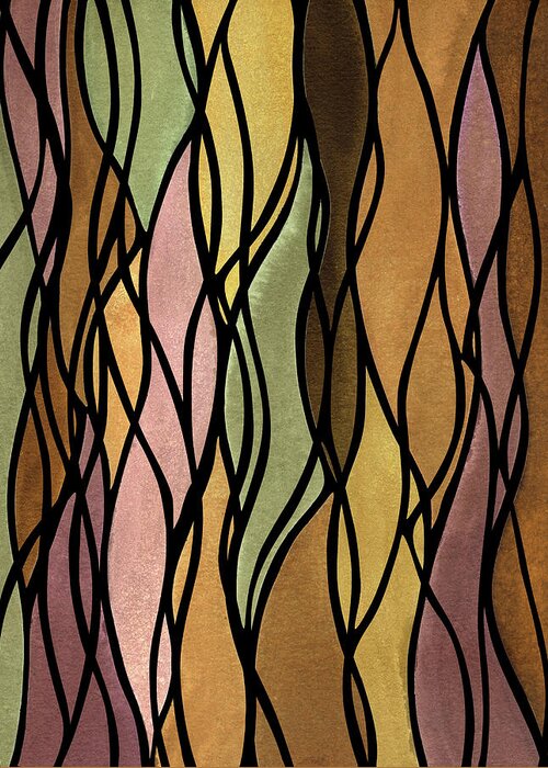 Warm Lines Greeting Card featuring the painting Watercolor Tapestry Organic Black Tread Batik In Beige And Brown I by Irina Sztukowski