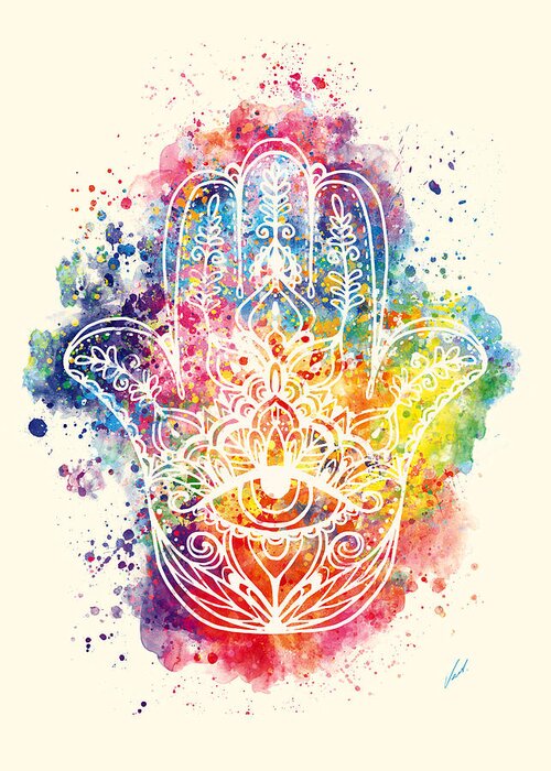 Watercolor Greeting Card featuring the painting Watercolor - The Hamsa by Vart by Vart Studio