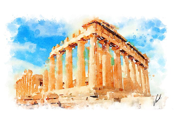 Vart Greeting Card featuring the painting Watercolor. The Parthenon, Greece by Vart by Vart