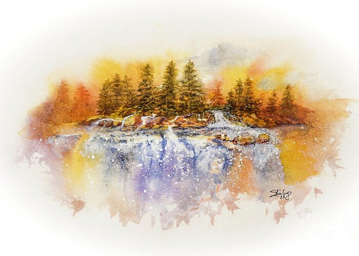 Waterfall Greeting Card featuring the painting Watercolor Waterfall by Shirley Dutchkowski