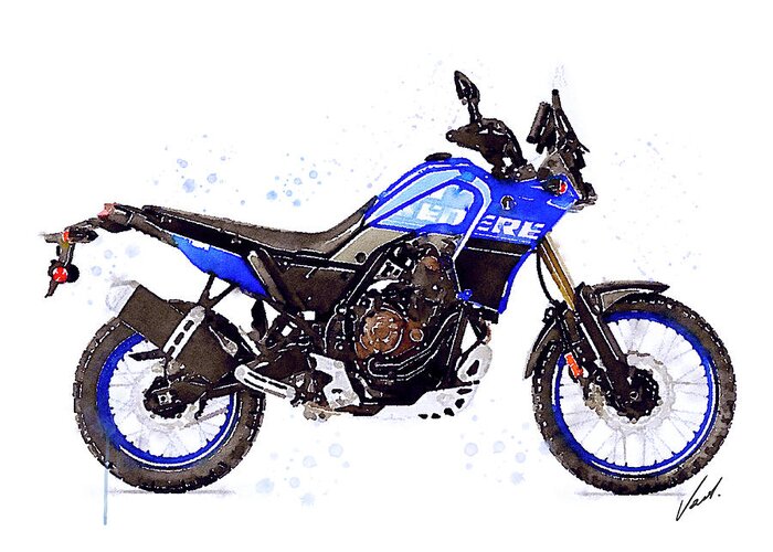 Adventure Greeting Card featuring the painting Watercolor Yamaha Tenere 700 blue motorcycle - oryginal artwork by Vart. by Vart Studio