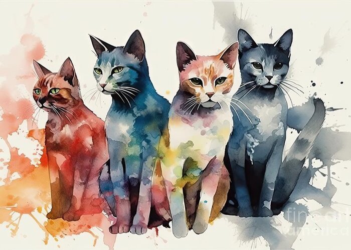 Cat Greeting Card featuring the painting Watercolour painting of 5 cats in various colours created #1 by N Akkash