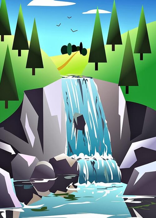 Waterfall Greeting Card featuring the digital art Waterfall by Fatline Graphic Art