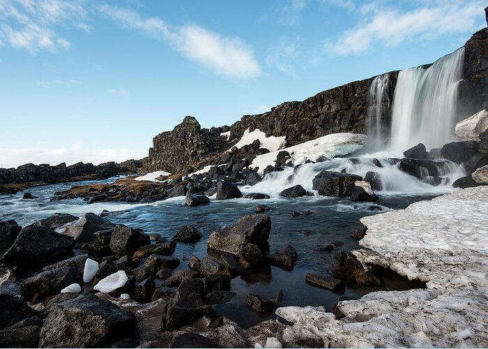 Oxararfoss Greeting Card featuring the photograph Waterfall flowing into the river, Iceland by Michalakis Ppalis