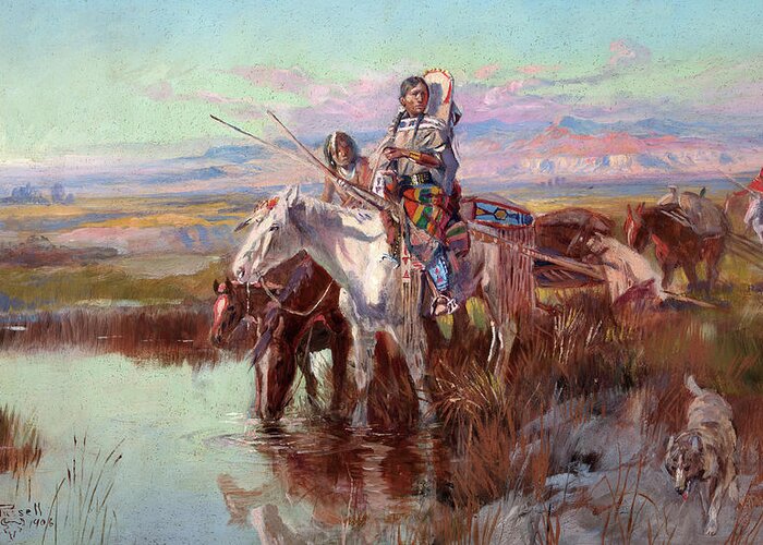 Charles Marion Russell Greeting Card featuring the painting Waterhole, 1906 by Charles Marion Russell