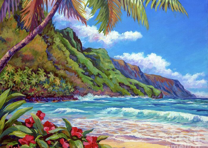 Kauai Greeting Card featuring the painting Waves on Na Pali Shore by John Clark