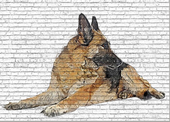 German Greeting Card featuring the painting Way too cool, German Shepherd Dog - Brick Block Background by Custom Pet Portrait Art Studio