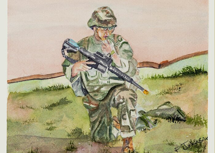 Soldier Greeting Card featuring the painting We Are Here by Barbara F Johnson