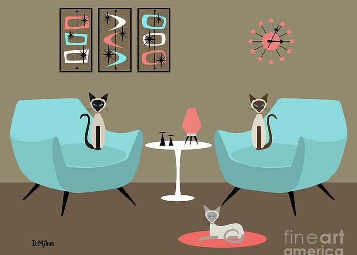 Mid Century Modern Greeting Card featuring the digital art Siamese Trio by Donna Mibus
