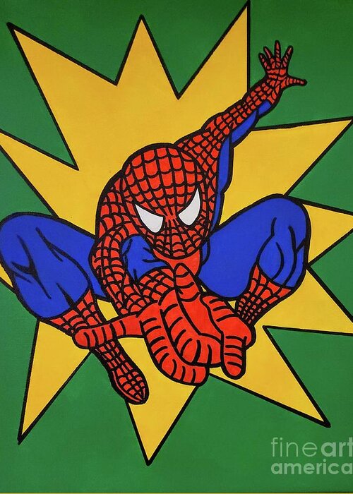 Marvel Greeting Card featuring the painting Web Slinger by Elena Pratt