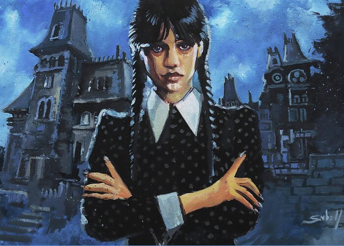 Addams Family Greeting Card featuring the painting Wednesday Addams by Sv Bell