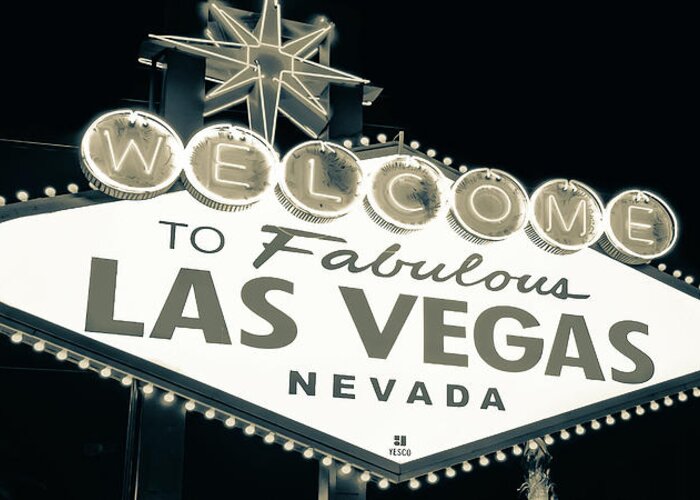 Las Vegas Sign Greeting Card featuring the photograph Welcome to Las Vegas Neon Sign Panorama in Sepia - Nevada USA by Gregory Ballos