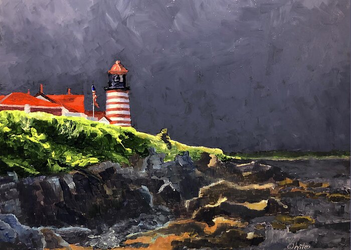 Lighthouse Greeting Card featuring the painting West Quoddy Lighthouse by Dominic White