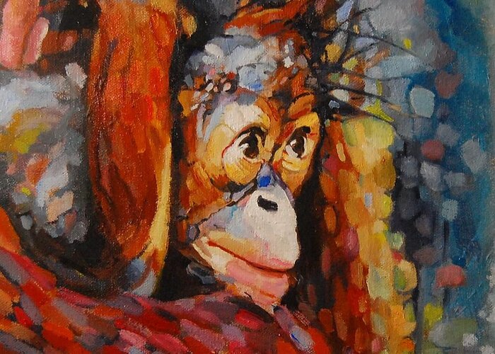 Primate Greeting Card featuring the painting What I Saw At The Zoo by Jean Cormier