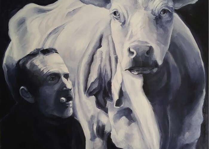 Cow Greeting Card featuring the painting What I Saw In The Barn by Jean Cormier
