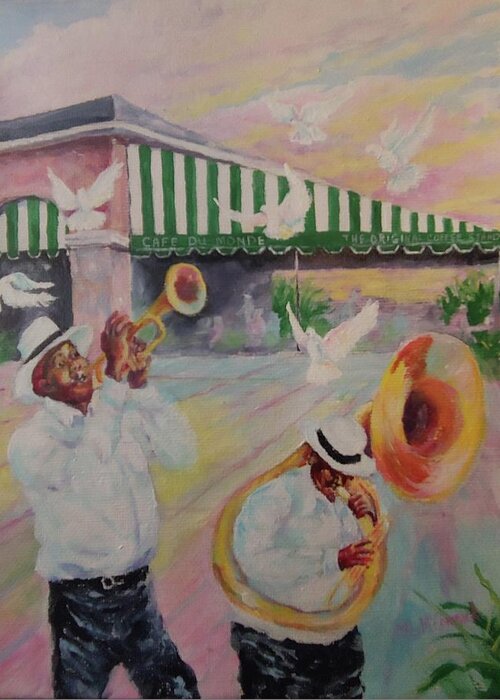 Mardi Gras Greeting Card featuring the painting When the Saints Go Marching In--Cafe Du Monde by ML McCormick
