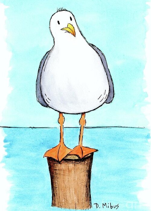 Beach Greeting Card featuring the painting Whimsical Seagull on Piling by Donna Mibus