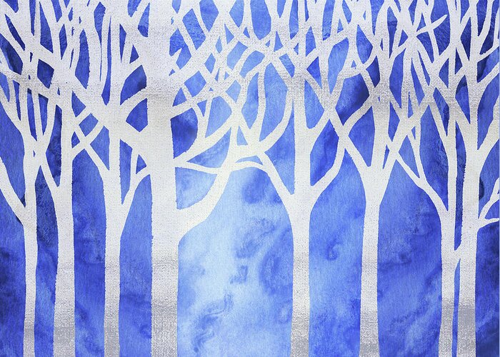 Forest Greeting Card featuring the painting Whimsical Silver Blue Forest Decor Watercolor Silhouette  by Irina Sztukowski
