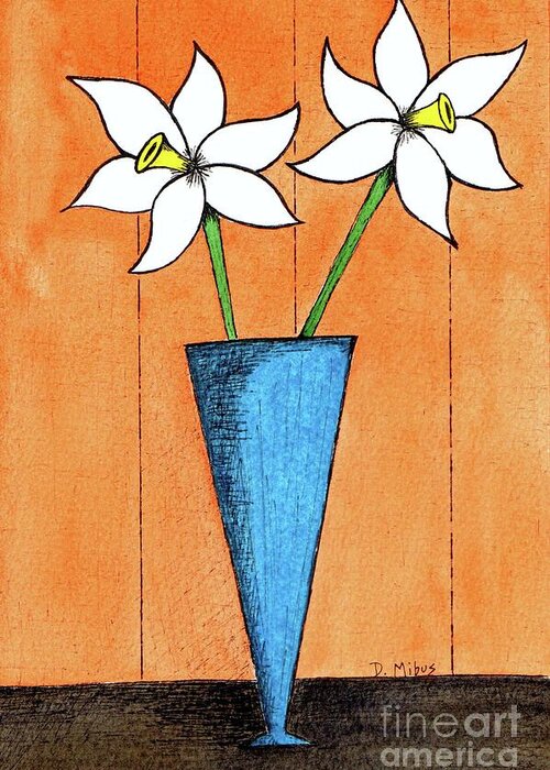 Mid Century Flowers Greeting Card featuring the painting Whimsical White Flowers in Blue Vase by Donna Mibus