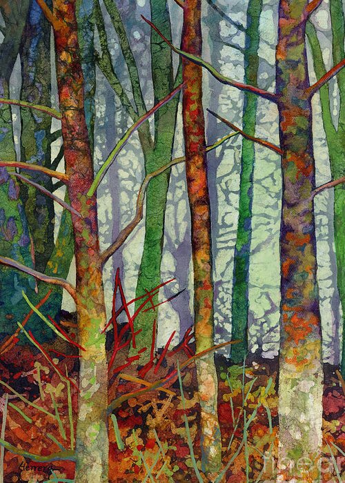 Abstract Forest Greeting Card featuring the painting Whispering Forest by Hailey E Herrera