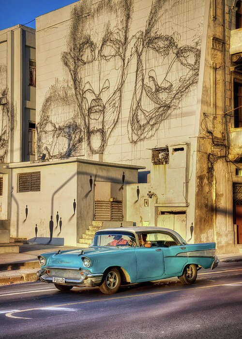 Cuba Greeting Card featuring the photograph White and blue Chevy in San Lazaro by Micah Offman