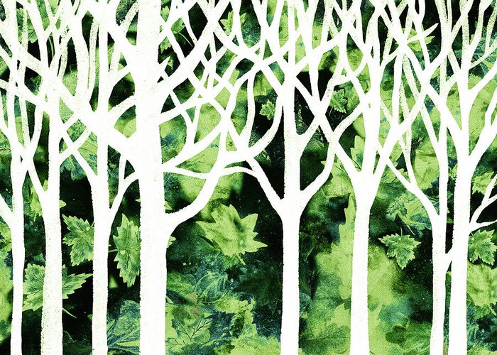 Abstract Forest Greeting Card featuring the painting White And Green Enchanted Forest Watercolor Silhouette Trees And Branches by Irina Sztukowski