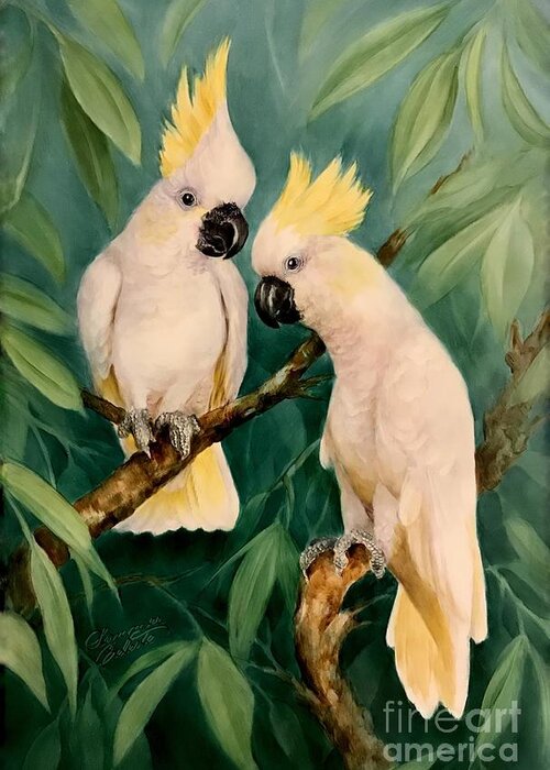 Birds White Cockatoo Naturalistic Jungle Serene Greeting Card featuring the painting White Cockatoos by Summer Celeste