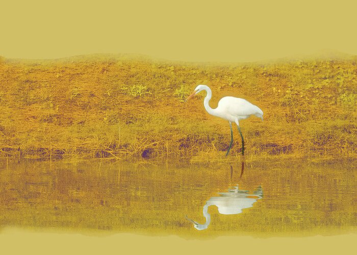 Egret Greeting Card featuring the photograph White Egret on Gold Background by George Harth