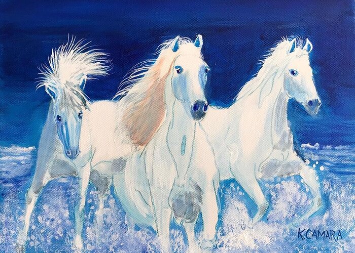 Pets Greeting Card featuring the painting White Horses on Beach by Kathie Camara