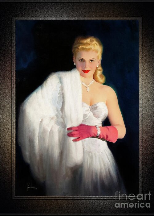 Blonde Greeting Card featuring the painting White Mink and Diamonds by Art Frahm Sophisticated Pin-Up Girl Vintage Artwork by Rolando Burbon