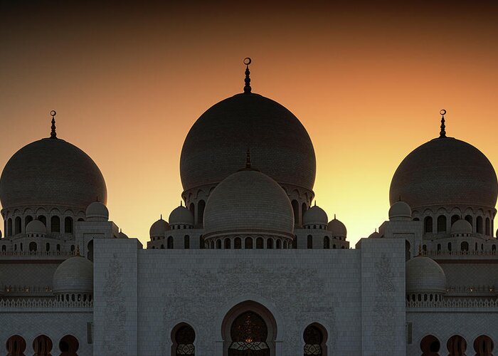 Uae Greeting Card featuring the photograph White Mosque - Sunset by Philippe HUGONNARD