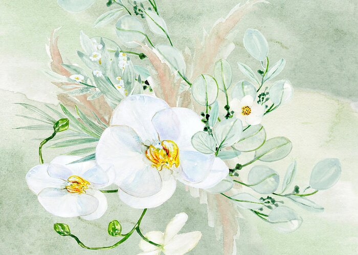 White Orchid Greeting Card featuring the digital art White Orchid and Eucalyptus by J Marielle