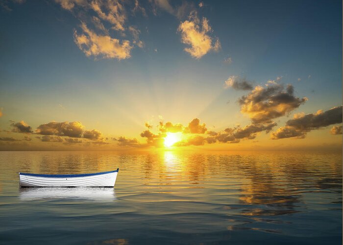 Abandoned Greeting Card featuring the photograph White rowing boat adrift on ocean by Steven Heap