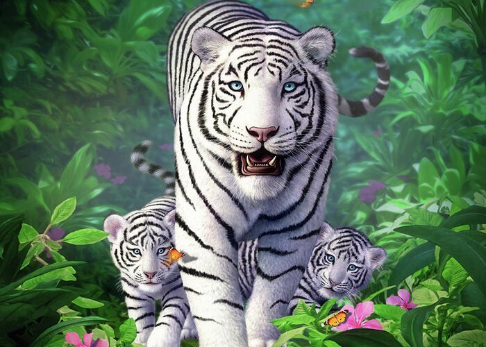 White Tigers Greeting Card featuring the digital art White Tigers 1 by Jerry LoFaro