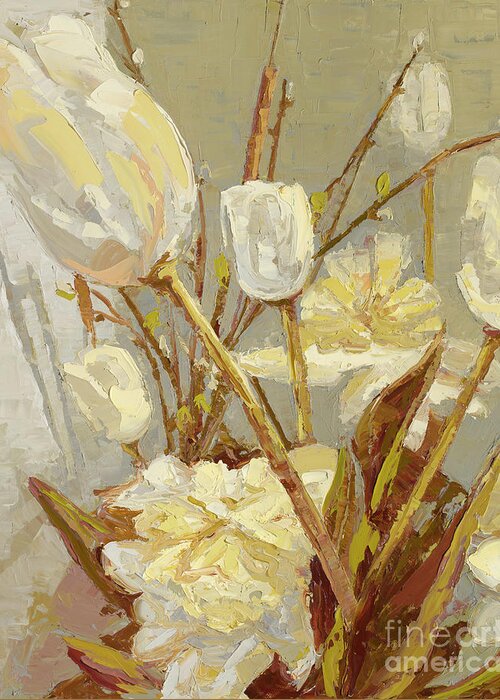 Tulips Greeting Card featuring the painting White Tulips, 2016 by PJ Kirk
