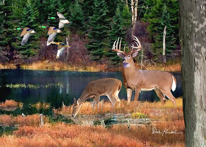 Whitetail Deer Greeting Card featuring the painting Whitetail Deer Art Print - Deer Lake by Dale Kunkel Art