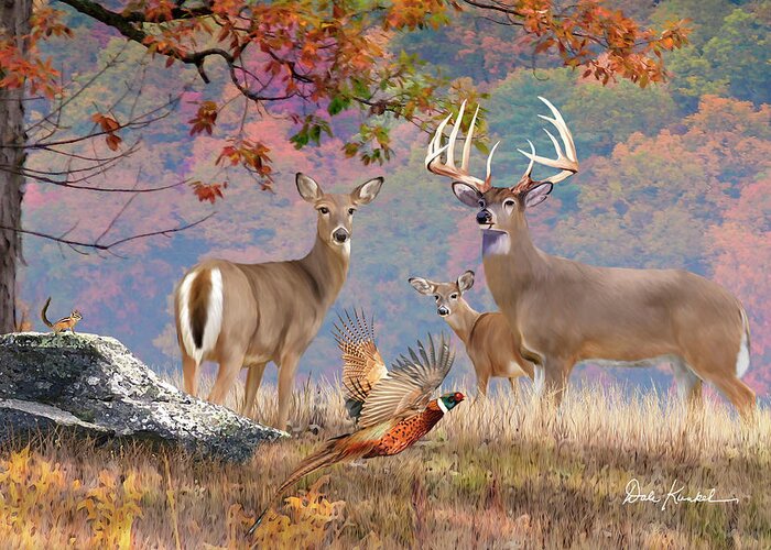 Whitetail Deer Greeting Card featuring the painting Whitetail Deer Art Print - October Whitetails by Dale Kunkel Art