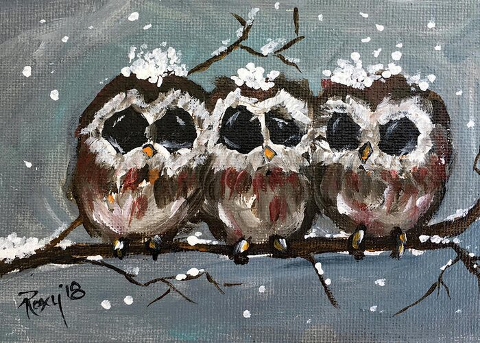 Owls Greeting Card featuring the painting Who Us by Roxy Rich