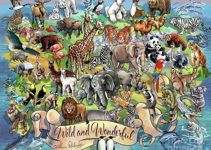 Illustration Greeting Card featuring the digital art Wild and Wonderful Animals of the World by Maria Rabinky
