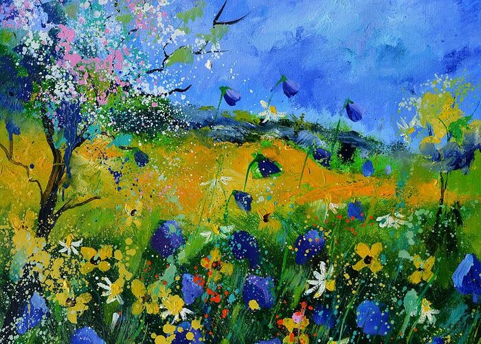 Landscape Greeting Card featuring the painting Wild flowers in summer by Pol Ledent