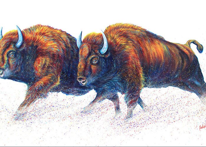 Running Bison Greeting Card featuring the painting Wild Things by Teshia Art