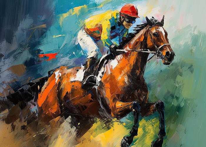 Horse Racing Greeting Card featuring the painting Will To Win - Horse Racing Art - Will Power by Lourry Legarde