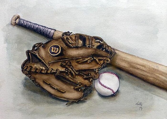 Major League Baseball Greeting Card featuring the painting Wilson Baseball Glove and Bat by Kelly Mills