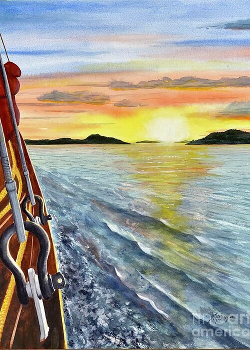 Sailing Greeting Card featuring the painting Windjammer Sunset by Joseph Burger