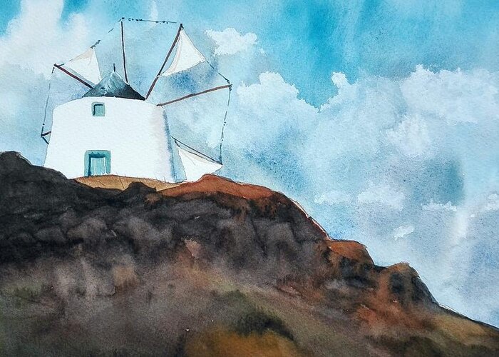 Windmill Greeting Card featuring the painting Windmill by Sandie Croft