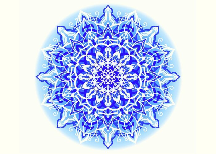Snowflake Greeting Card featuring the digital art Winter Blue Mandala by Angie Tirado